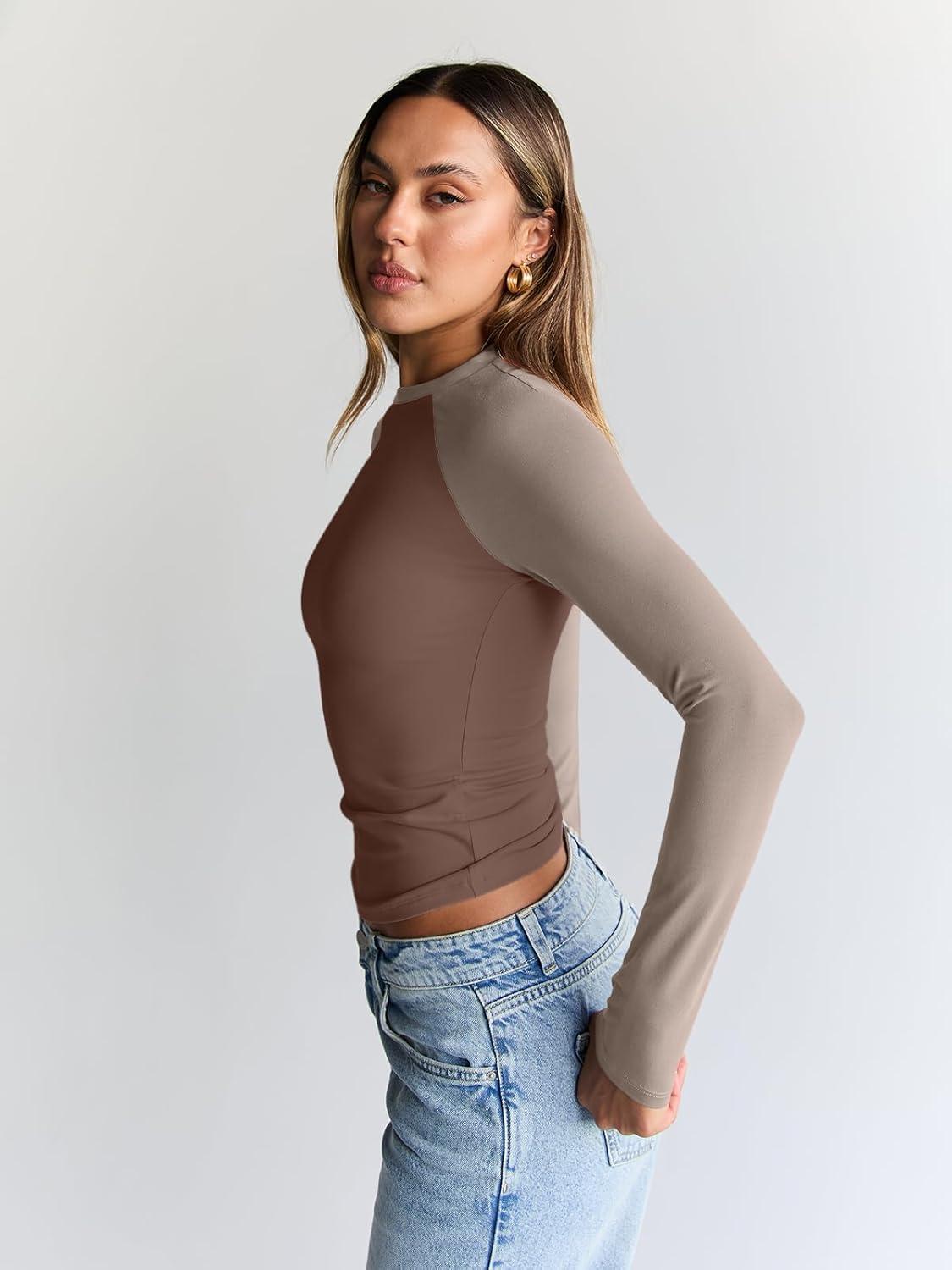 imageTrendy Queen Womens Long Sleeve Shirts Slim Fit Stretchy Color Block Slightly Cropped TopsChocolatebrown Mocha Combo