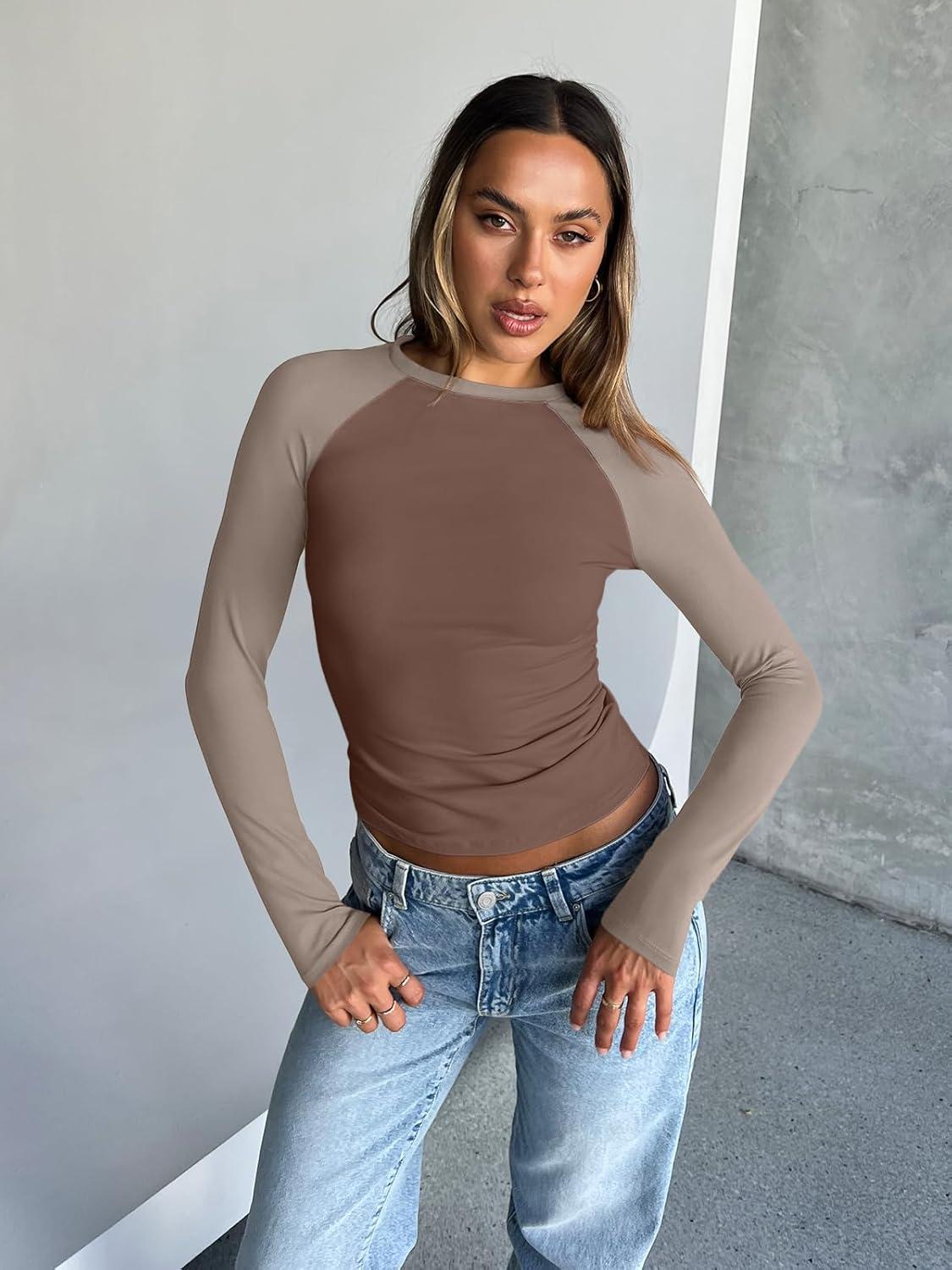 imageTrendy Queen Womens Long Sleeve Shirts Slim Fit Stretchy Color Block Slightly Cropped TopsChocolatebrown Mocha Combo