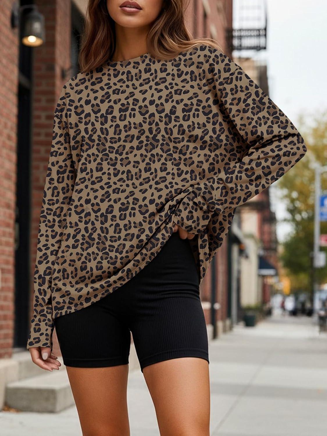 imageTrendy Queen Womens Oversized Long Sleeve T Shirts 2025 Basic Crewneck Tee Fall Tops Casual Workout Y2K ClothesLeopard