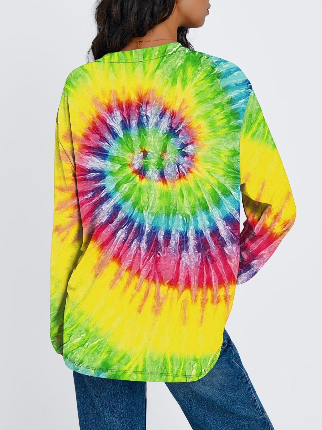 imageTrendy Queen Womens Oversized Long Sleeve T Shirts 2025 Basic Crewneck Tee Fall Tops Casual Workout Y2K ClothesTie Dye Rainbow