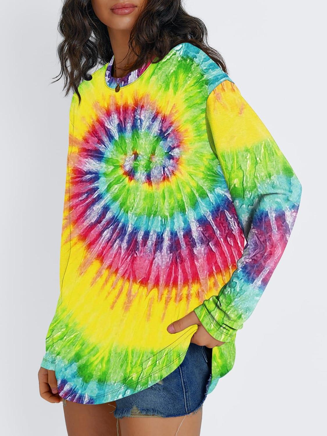 imageTrendy Queen Womens Oversized Long Sleeve T Shirts 2025 Basic Crewneck Tee Fall Tops Casual Workout Y2K ClothesTie Dye Rainbow