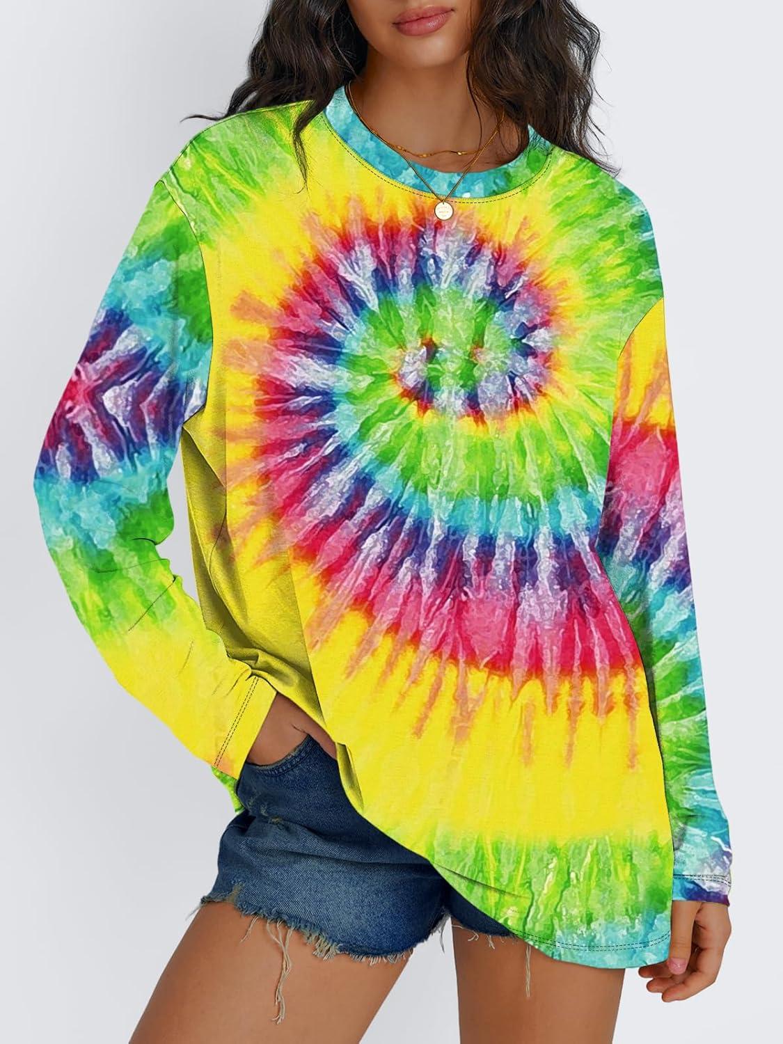 imageTrendy Queen Womens Oversized Long Sleeve T Shirts 2025 Basic Crewneck Tee Fall Tops Casual Workout Y2K ClothesTie Dye Rainbow