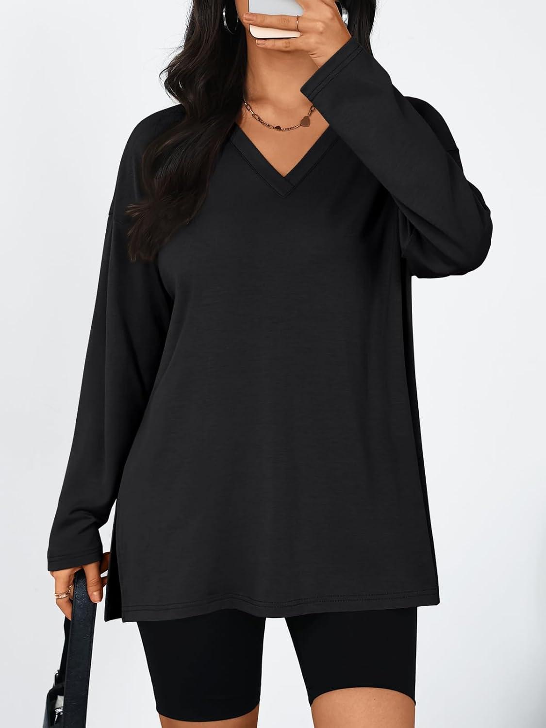 imageTrendy Queen Womens Oversized Long Sleeve T Shirts Side Slit Workout Tops Fall Fashion Plus Size Gym V Neck Basic Y2k TeesBlack