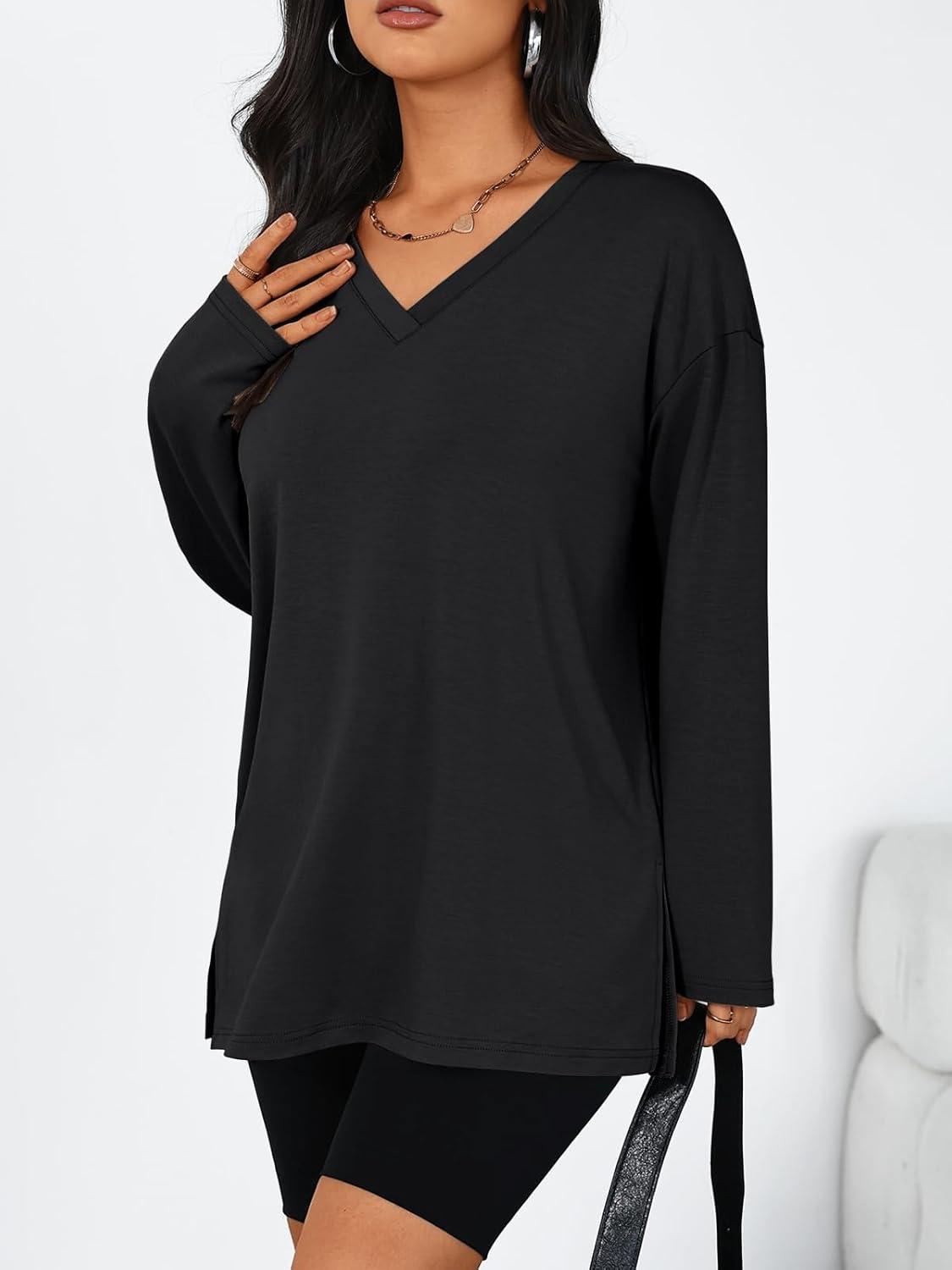 imageTrendy Queen Womens Oversized Long Sleeve T Shirts Side Slit Workout Tops Fall Fashion Plus Size Gym V Neck Basic Y2k TeesBlack