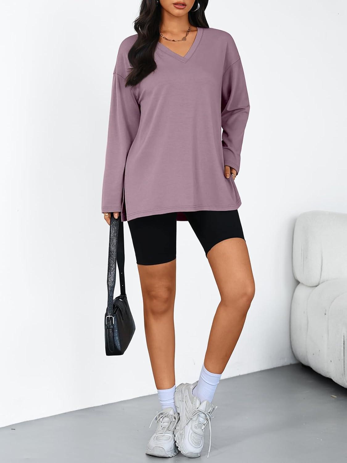 imageTrendy Queen Womens Oversized Long Sleeve T Shirts Side Slit Workout Tops Fall Fashion Plus Size Gym V Neck Basic Y2k TeesDarkpink