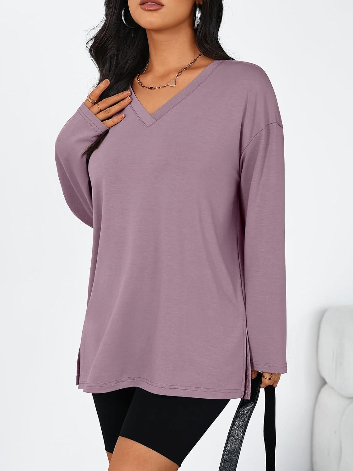 imageTrendy Queen Womens Oversized Long Sleeve T Shirts Side Slit Workout Tops Fall Fashion Plus Size Gym V Neck Basic Y2k TeesDarkpink