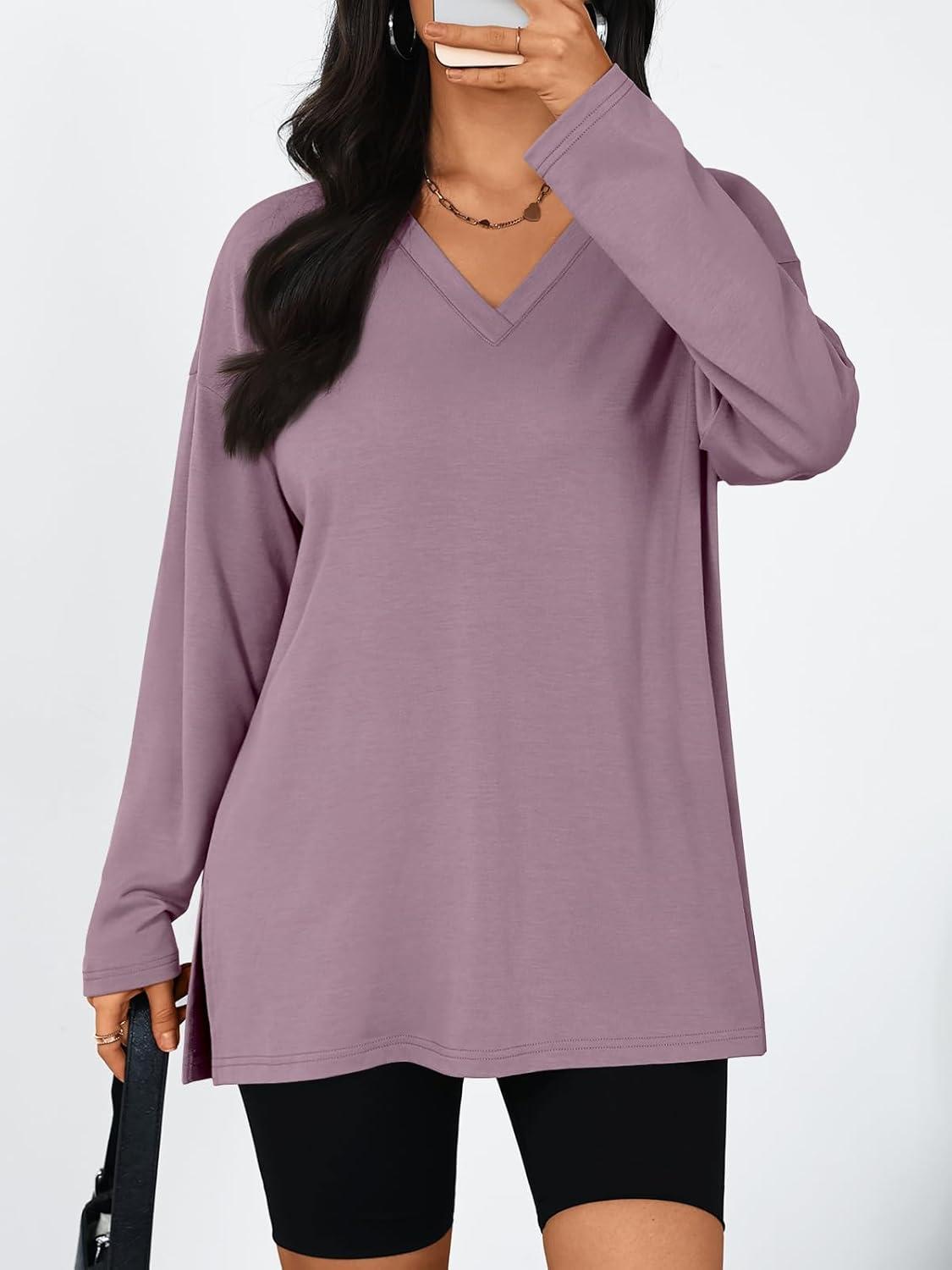 imageTrendy Queen Womens Oversized Long Sleeve T Shirts Side Slit Workout Tops Fall Fashion Plus Size Gym V Neck Basic Y2k TeesDarkpink