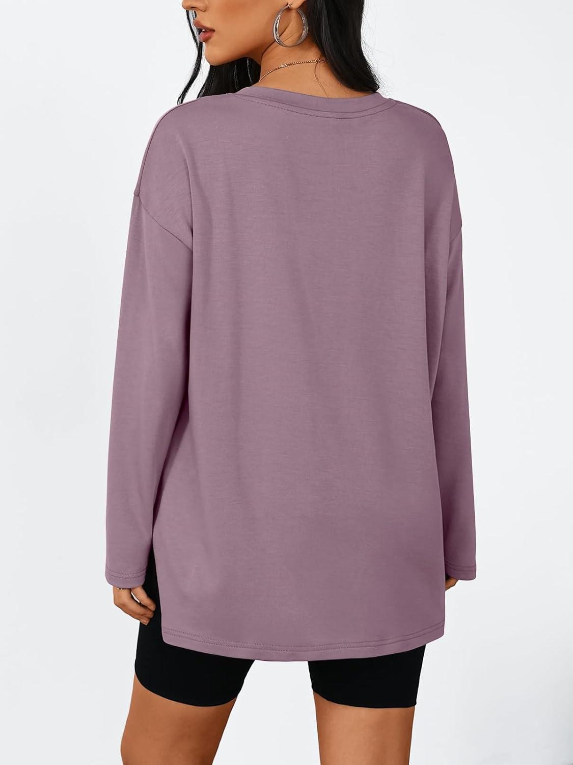 imageTrendy Queen Womens Oversized Long Sleeve T Shirts Side Slit Workout Tops Fall Fashion Plus Size Gym V Neck Basic Y2k TeesDarkpink