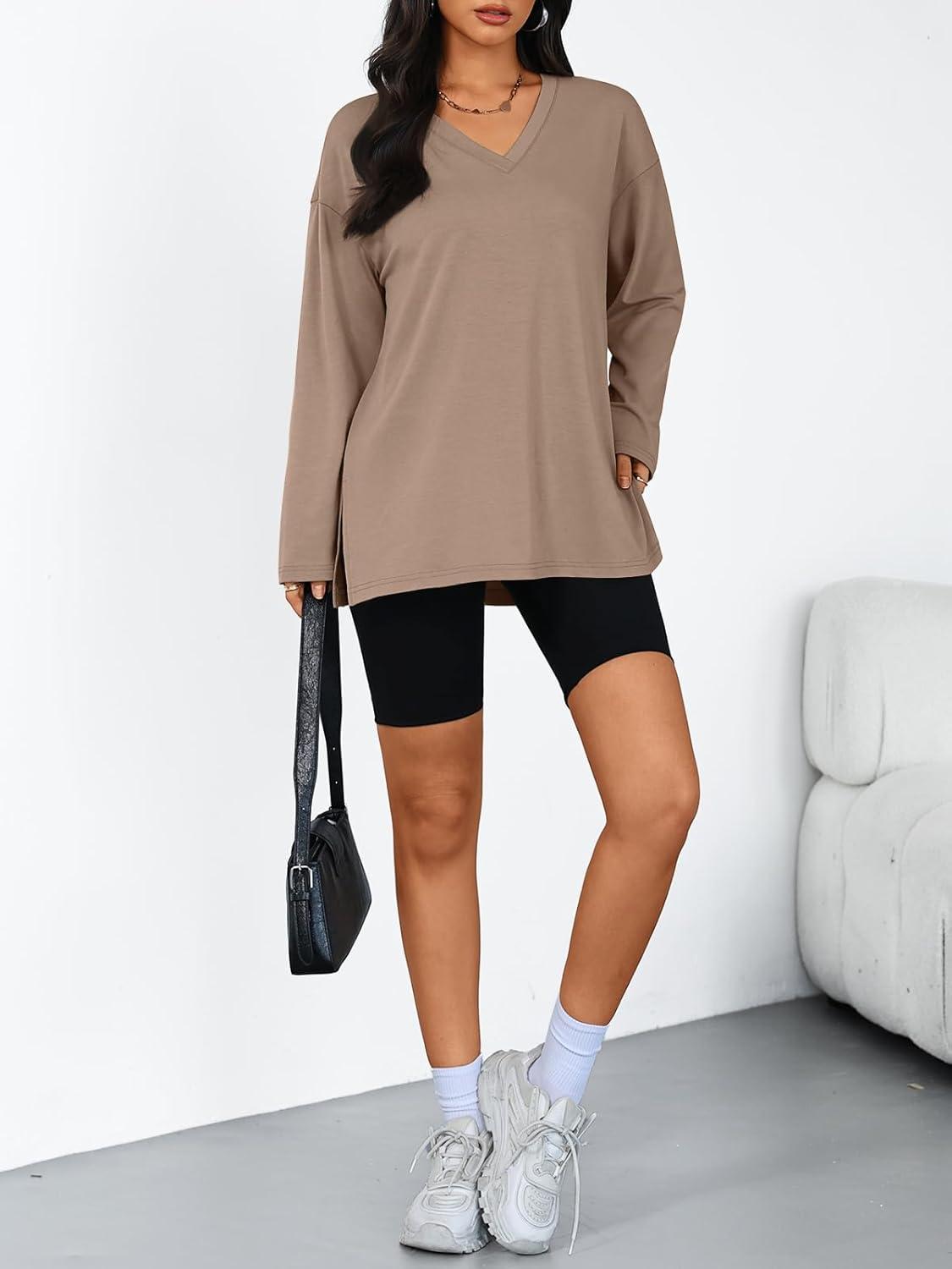 imageTrendy Queen Womens Oversized Long Sleeve T Shirts Side Slit Workout Tops Fall Fashion Plus Size Gym V Neck Basic Y2k TeesKhaki