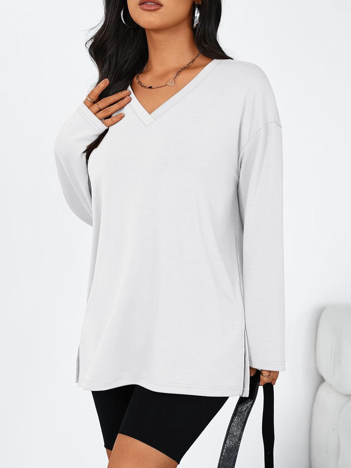 imageTrendy Queen Womens Oversized Long Sleeve T Shirts Side Slit Workout Tops Fall Fashion Plus Size Gym V Neck Basic Y2k TeesWhite