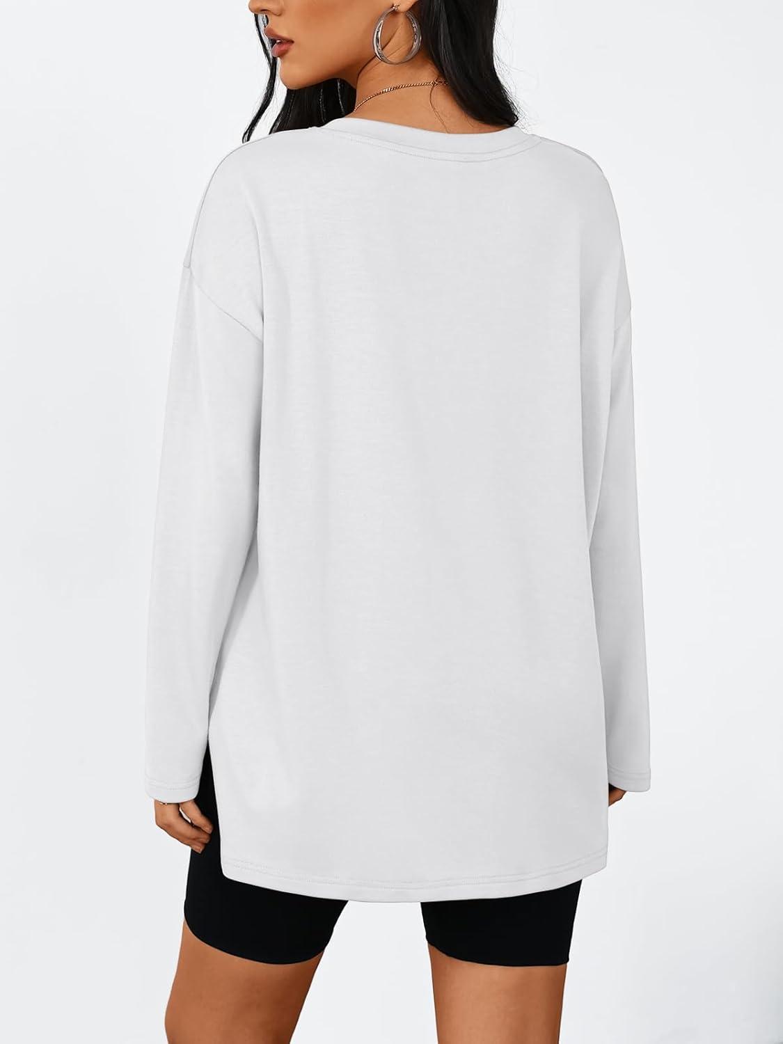 imageTrendy Queen Womens Oversized Long Sleeve T Shirts Side Slit Workout Tops Fall Fashion Plus Size Gym V Neck Basic Y2k TeesWhite