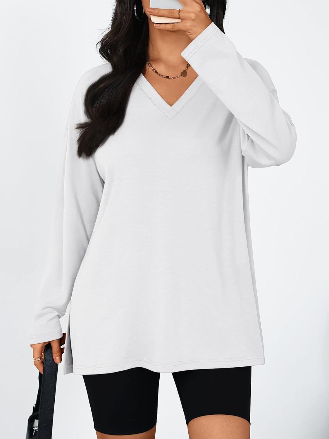 imageTrendy Queen Womens Oversized Long Sleeve T Shirts Side Slit Workout Tops Fall Fashion Plus Size Gym V Neck Basic Y2k TeesWhite
