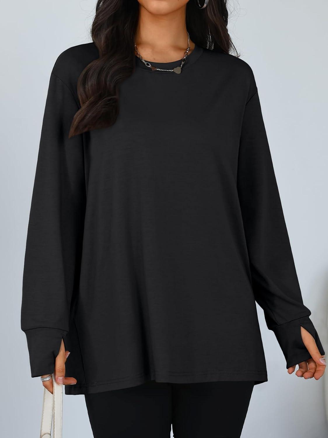 imageTrendy Queen Womens Oversized T Shirts Fall Thumb Hole Long Sleeve Workout Tops Fashion Plus Size Gym Loose Y2k Tunic TeeBlack