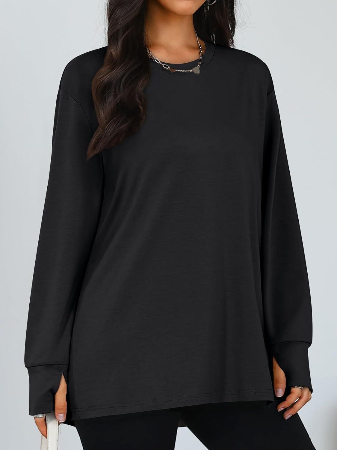 imageTrendy Queen Womens Oversized T Shirts Fall Thumb Hole Long Sleeve Workout Tops Fashion Plus Size Gym Loose Y2k Tunic TeeBlack