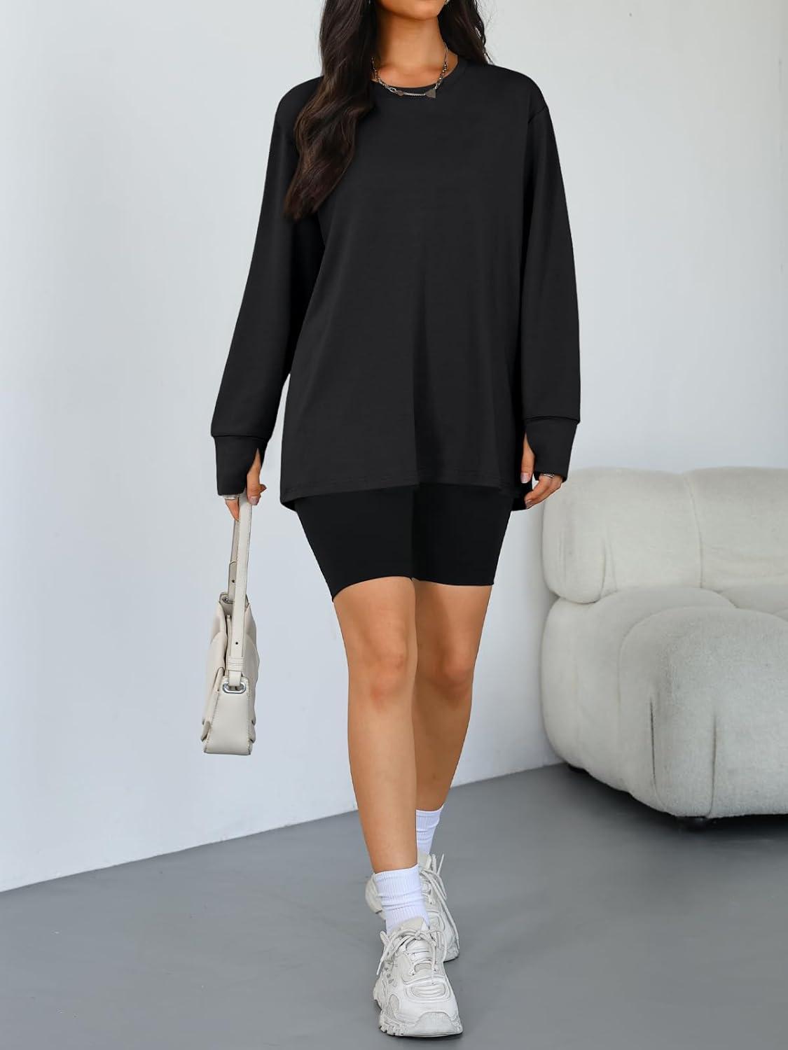 imageTrendy Queen Womens Oversized T Shirts Fall Thumb Hole Long Sleeve Workout Tops Fashion Plus Size Gym Loose Y2k Tunic TeeBlack