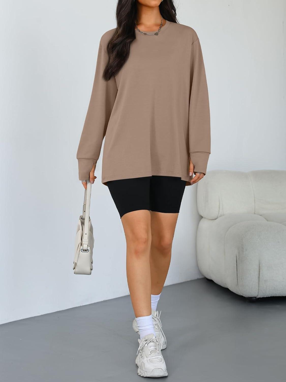 imageTrendy Queen Womens Oversized T Shirts Fall Thumb Hole Long Sleeve Workout Tops Fashion Plus Size Gym Loose Y2k Tunic TeeKhaki