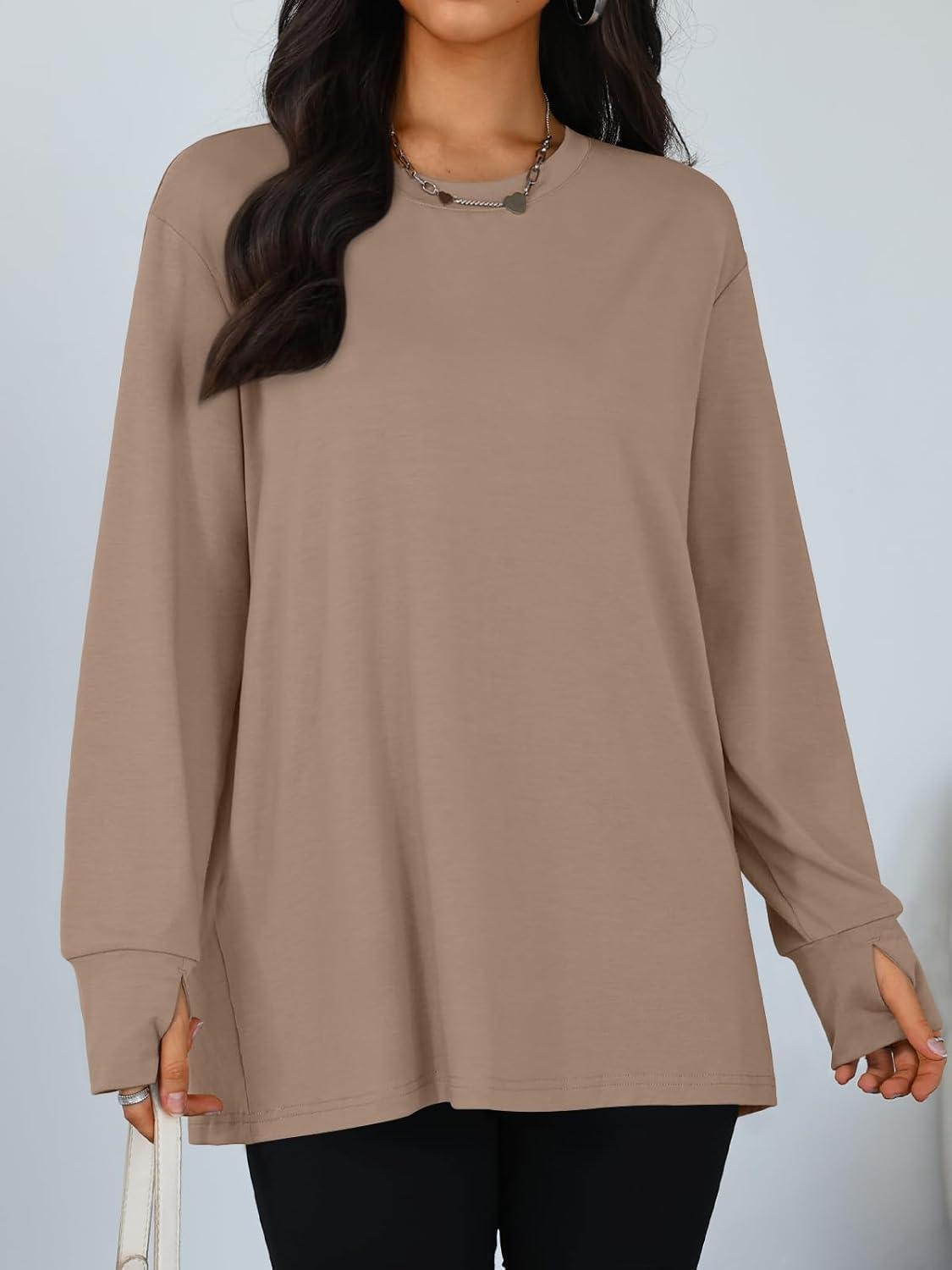 imageTrendy Queen Womens Oversized T Shirts Fall Thumb Hole Long Sleeve Workout Tops Fashion Plus Size Gym Loose Y2k Tunic TeeKhaki