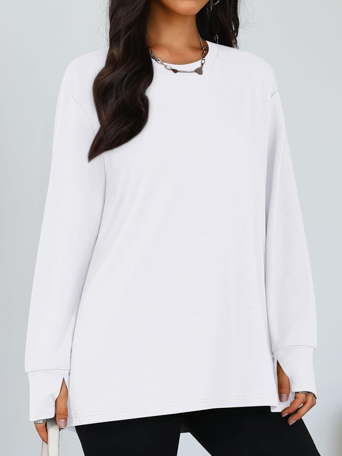 imageTrendy Queen Womens Oversized T Shirts Fall Thumb Hole Long Sleeve Workout Tops Fashion Plus Size Gym Loose Y2k Tunic TeeWhite