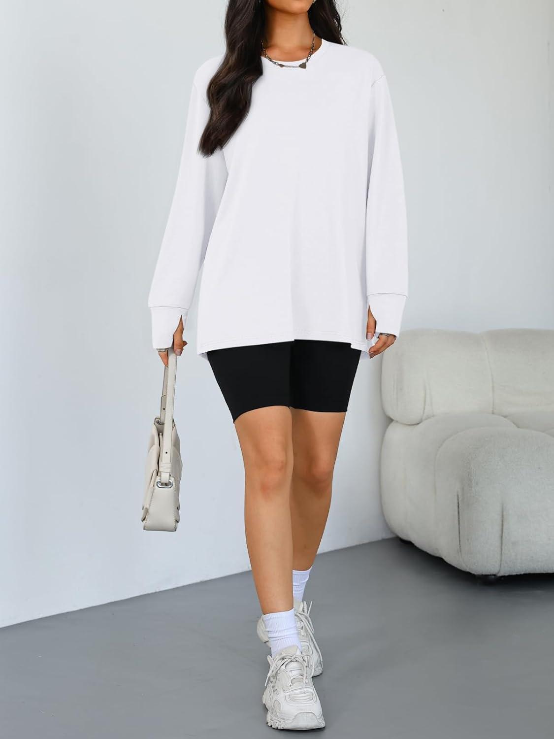 imageTrendy Queen Womens Oversized T Shirts Fall Thumb Hole Long Sleeve Workout Tops Fashion Plus Size Gym Loose Y2k Tunic TeeWhite