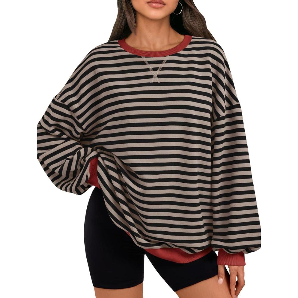 imageTrendy Queen Oversized Sweatshirt for Women 2025 Fall Crewneck Striped Long Sleeve Shirts Hoodies Cute Top Y2K OutfitsBlackkhaki