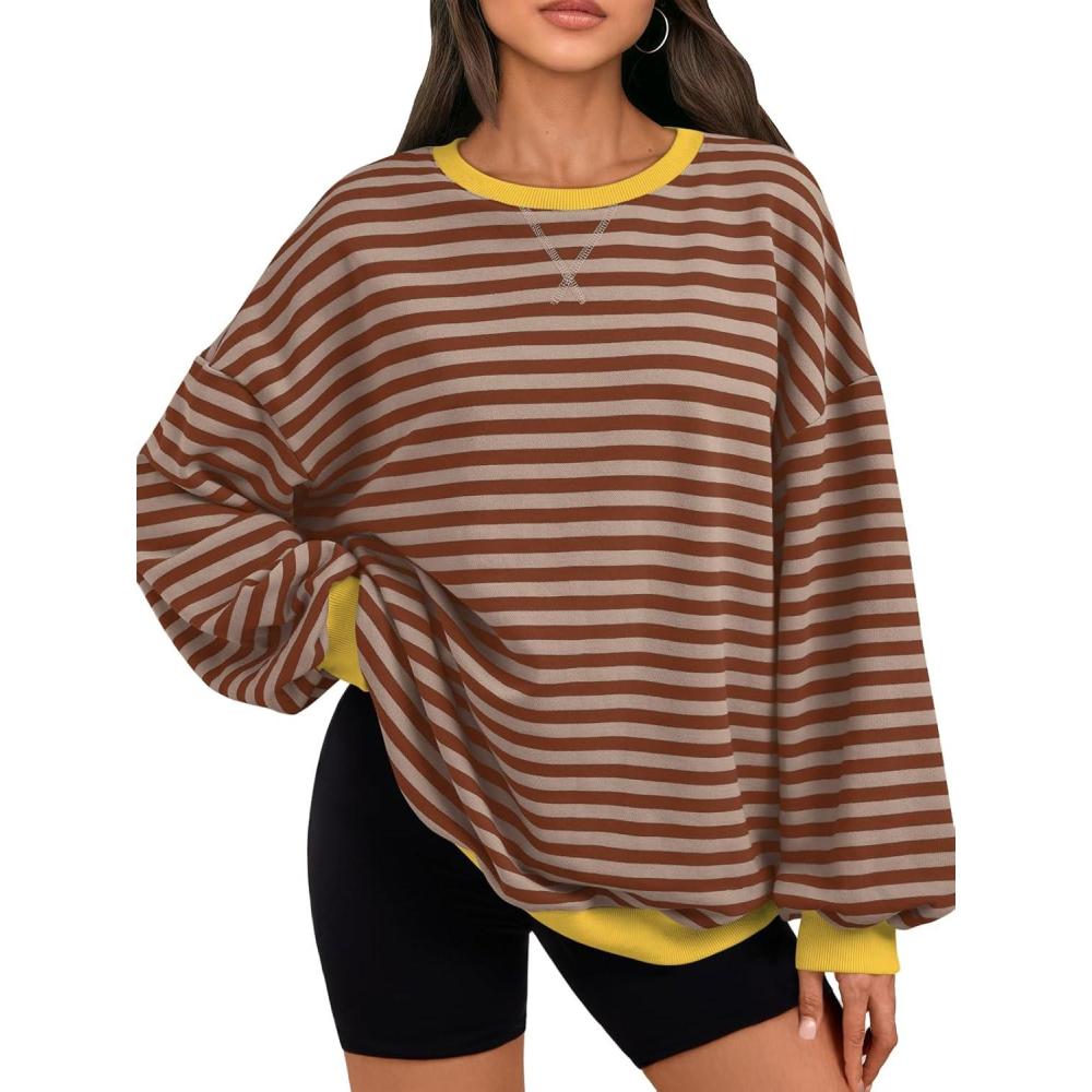 imageTrendy Queen Oversized Sweatshirt for Women 2025 Fall Crewneck Striped Long Sleeve Shirts Hoodies Cute Top Y2K OutfitsBrownkhaki