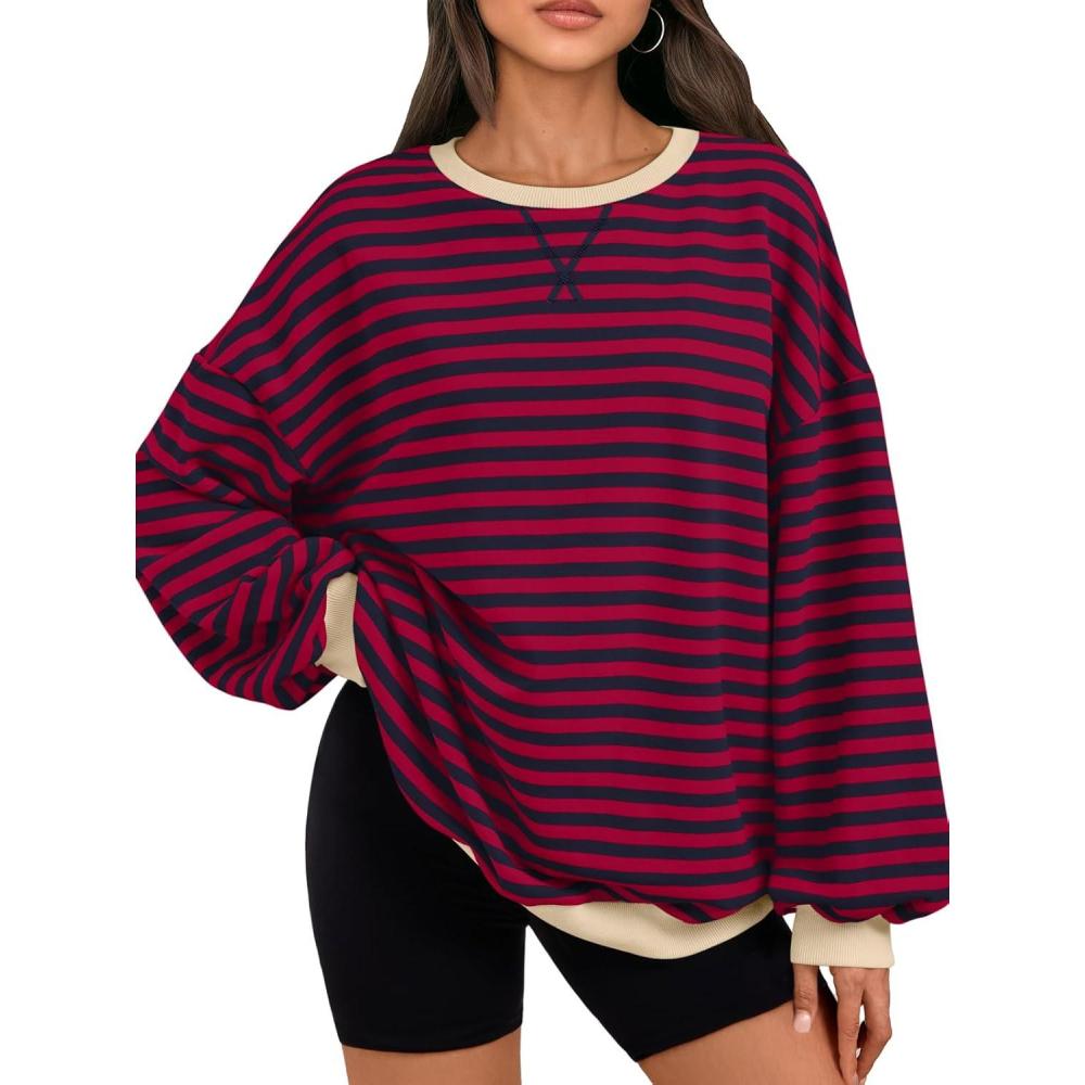 imageTrendy Queen Oversized Sweatshirt for Women 2025 Fall Crewneck Striped Long Sleeve Shirts Hoodies Cute Top Y2K OutfitsBurgundyblue