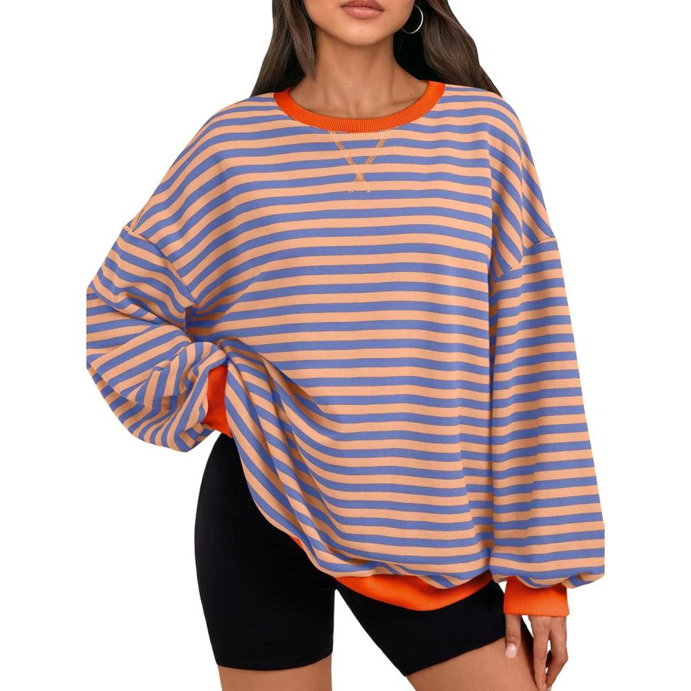 imageTrendy Queen Oversized Sweatshirt for Women 2025 Fall Crewneck Striped Long Sleeve Shirts Hoodies Cute Top Y2K OutfitsPinkblue