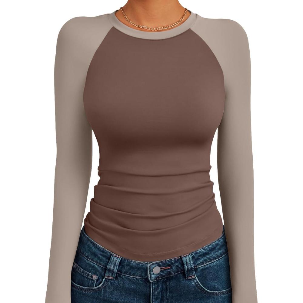 imageTrendy Queen Womens Long Sleeve Shirts Slim Fit Stretchy Color Block Slightly Cropped TopsChocolatebrown Mocha Combo