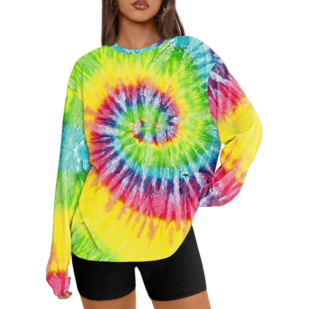 imageTrendy Queen Womens Oversized Long Sleeve T Shirts 2025 Basic Crewneck Tee Fall Tops Casual Workout Y2K ClothesTie Dye Rainbow