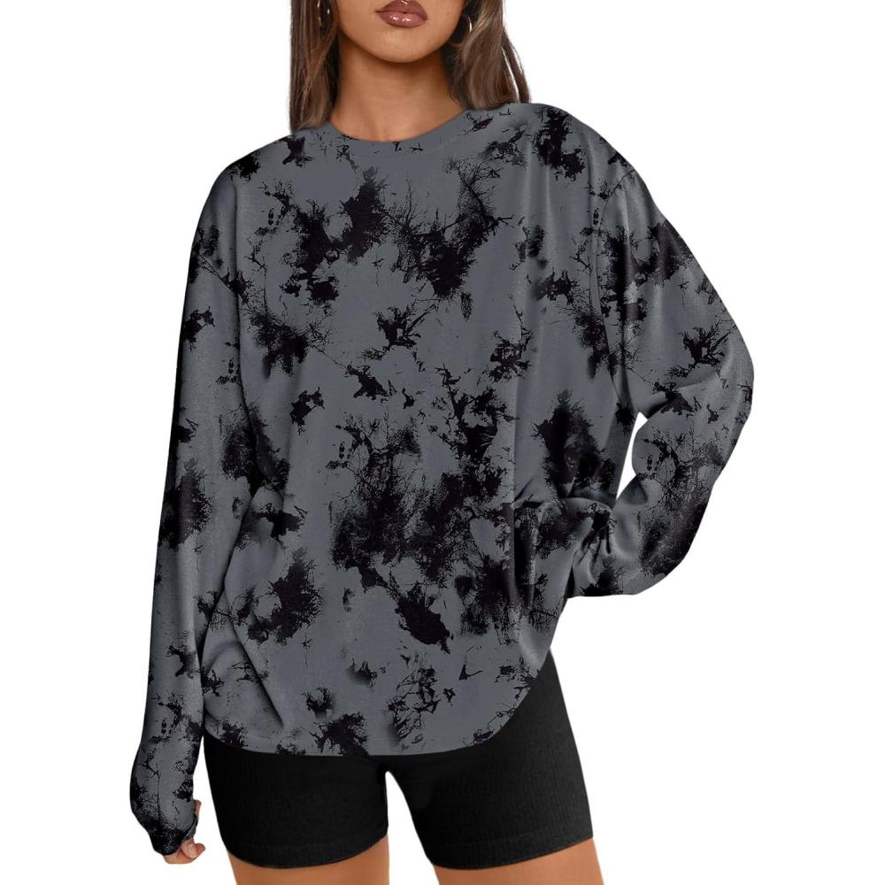 imageTrendy Queen Womens Oversized Long Sleeve T Shirts 2025 Basic Crewneck Tee Fall Tops Casual Workout Y2K ClothesTiedyegrey