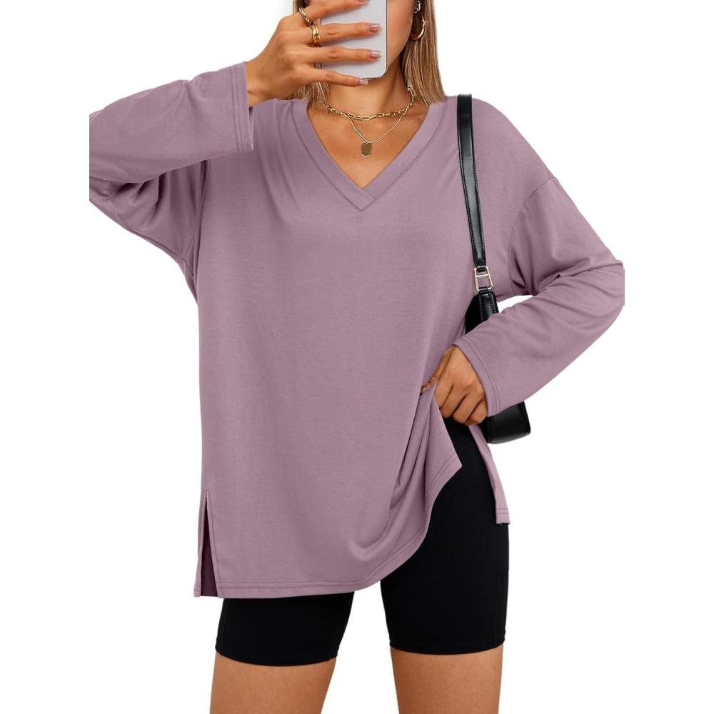 imageTrendy Queen Womens Oversized Long Sleeve T Shirts Side Slit Workout Tops Fall Fashion Plus Size Gym V Neck Basic Y2k TeesDarkpink