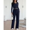 imageTrendy Queen 2 Piece Matching Lounge Sets for Women Fall Fashion 2025 Two Piece Outfits Henley Crop Tops Wide Leg PantsNavy