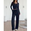 imageTrendy Queen 2 Piece Matching Lounge Sets for Women Fall Fashion 2025 Two Piece Outfits Henley Crop Tops Wide Leg PantsNavy