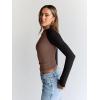 imageTrendy Queen Womens Long Sleeve Shirts Slim Fit Stretchy Color Block Slightly Cropped TopsChocolatebrown Black Combo