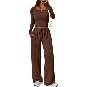 imageTrendy Queen 2 Piece Matching Lounge Sets for Women Fall Fashion 2025 Two Piece Outfits Henley Crop Tops Wide Leg PantsCoffee Brown