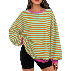 imageTrendy Queen Oversized Sweatshirt for Women 2025 Fall Crewneck Striped Long Sleeve Shirts Hoodies Cute Top Y2K OutfitsOrangegreen