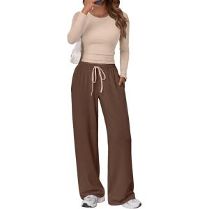 imageTrendy Queen Womens 2 Piece Matching Lounge Set Long Sleeve Slightly Crop Top Wide Leg Pants Casual SweatsuitBeige Coffee