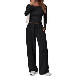 imageTrendy Queen Womens 2 Piece Matching Lounge Sets Fall Fashion Outfits 2025 Long Sleeve Top Wide Leg Pants Casual SweatsuitsBlack