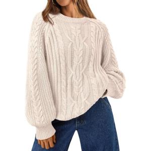 imageTrendy Queen Womens Oversized Cable Knit Crewneck Fall Pullover SweatersCream