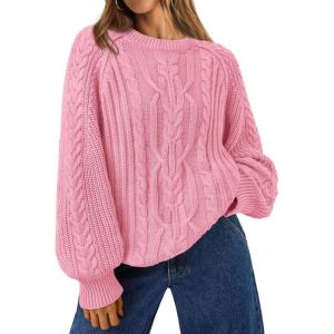 imageTrendy Queen Womens Oversized Cable Knit Crewneck Fall Pullover SweatersPink