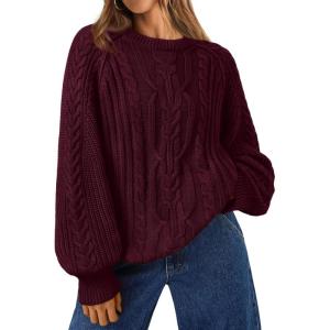imageTrendy Queen Womens Oversized Cable Knit Crewneck Fall Pullover SweatersWine