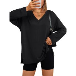 imageTrendy Queen Womens Oversized Long Sleeve T Shirts Side Slit Workout Tops Fall Fashion Plus Size Gym V Neck Basic Y2k TeesBlack