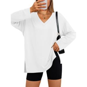 imageTrendy Queen Womens Oversized Long Sleeve T Shirts Side Slit Workout Tops Fall Fashion Plus Size Gym V Neck Basic Y2k TeesWhite