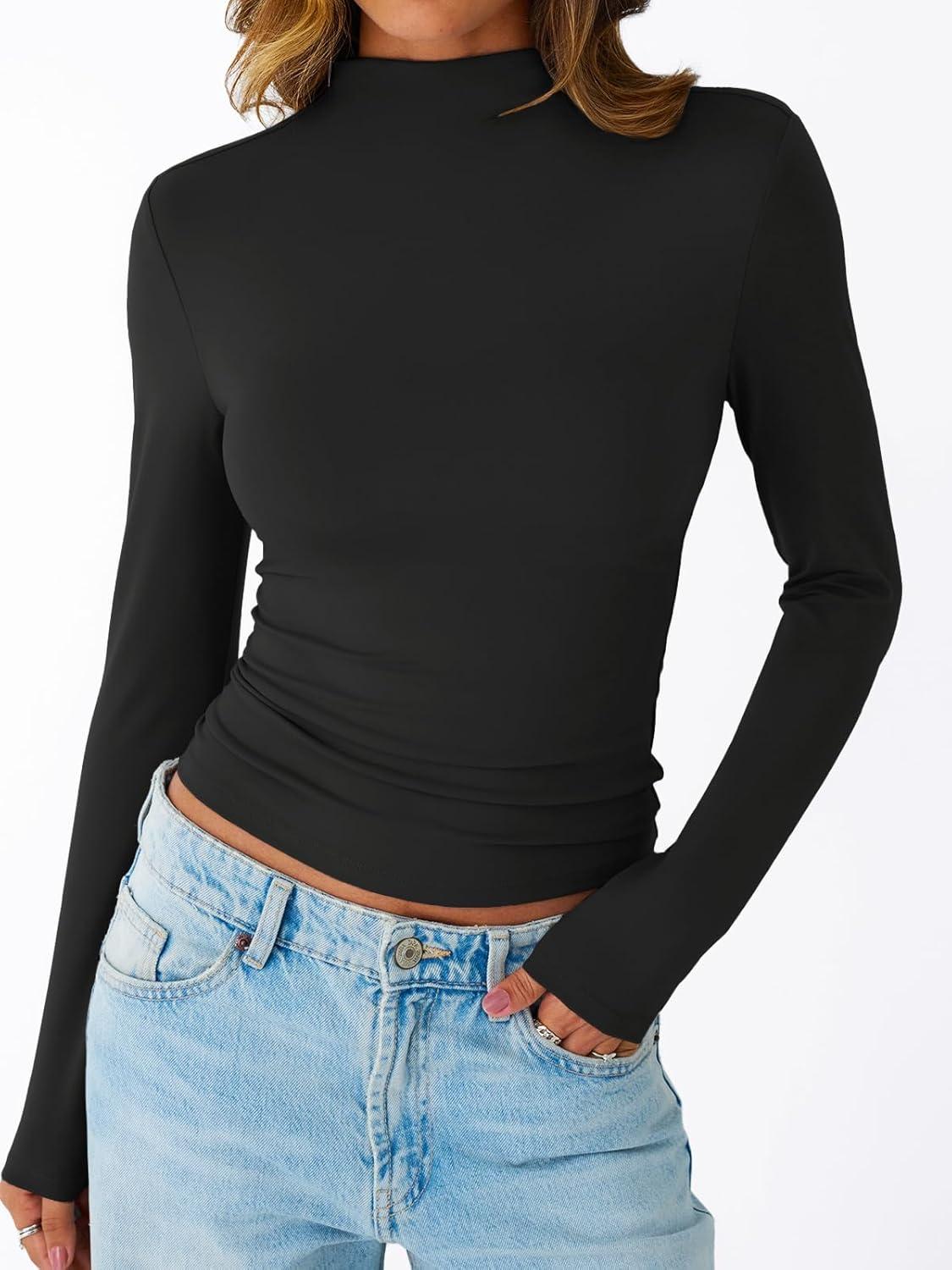 imageTrendy Queen Womens Long Sleeve Shirts Mock Neck Crop Tops Basic Turtleneck Tee Fall Fashion Thermal Underswear ClothesBlack