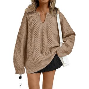 imageTrendy Queen V Neck Oversized Cable Knit Sweaters for Women Trendy 2025 Fall Fashion Outfits Clothes Winter ClothingKhaki