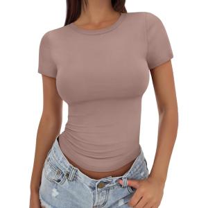 imageTrendy Queen Womens Basic T Shirts Summer Tops 2025 Crop Short Sleeve Slim Fit Tee Cute Gym Workout ClothesGrayishpurple