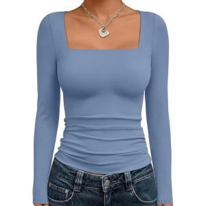 imageTrendy Queen Womens Long Sleeve Shirts Square Neck Going Out Crop Tops Fashion Y2k Workout Clothes Fall Outfits 2025Blue