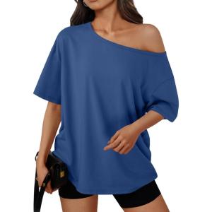 imageTrendy Queen Womens Off The Shoulder Tops Oversized TShirts Short Sleeve Tees Summer 2025 Casual Spring Fashion ClothesBlue