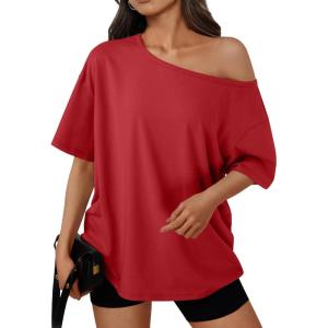 imageTrendy Queen Womens Off The Shoulder Tops Oversized TShirts Short Sleeve Tees Summer 2025 Casual Spring Fashion ClothesRed