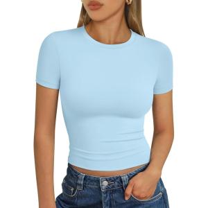 imageTrendy Queen Womens Short Sleeve T Shirts Summer Crop Tops Basic Slim Fit Gym Workout Y2k ClothesBaby Blue